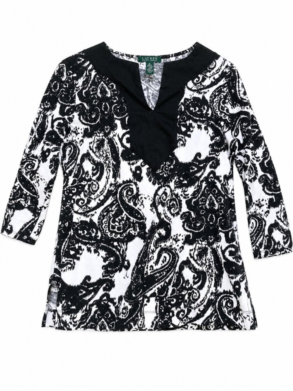 Lauren Ralph Lauren Black White Paisley Cotton Split Neck Blouse Size M
